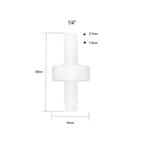 1/4 in PVDF check valve with barb fittings, white plastic inline one-way valve