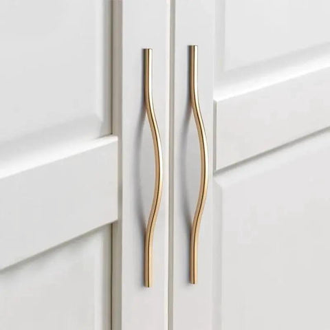Golden Wave Shaped Cabinet Pulls Set Of 6 With Glossy Cupboard Drawer Knobs Heavy Duty Elegant Handles for kitchen cabinets installed view
