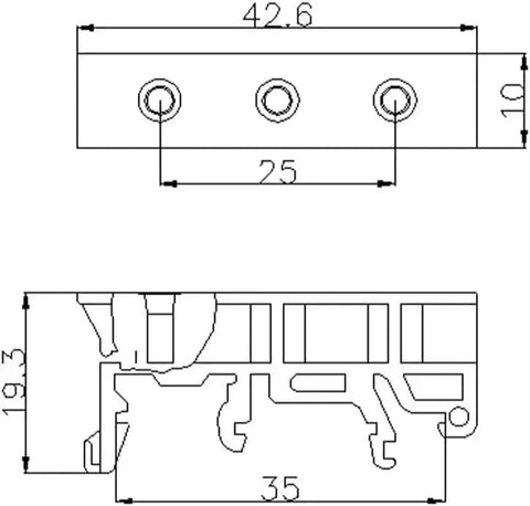 Diagram of C45 DIN Rail PCB Mounting Adapter Carrier Clip for 35mm Rails, showing dimensions 42.6x10x19.3mm for panel use.
