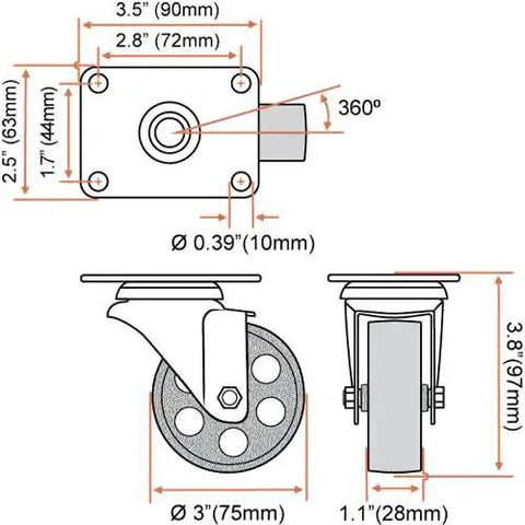 Heavy Duty Swivel Plate Caster Wheels All Black 3 Inch Wheels No Brake Iron Wheel High Gauge Steel 300 Lbs Capacity Per Caster Plate 2.5x3.5 Inches Industrial Carts And Workbenches By FactorDuty dimensions diagram