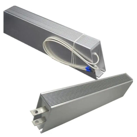 ALLIN8 braking resistor shell enclosures, aluminum with finned heat sinks; two units, one with white wires and blue terminals.