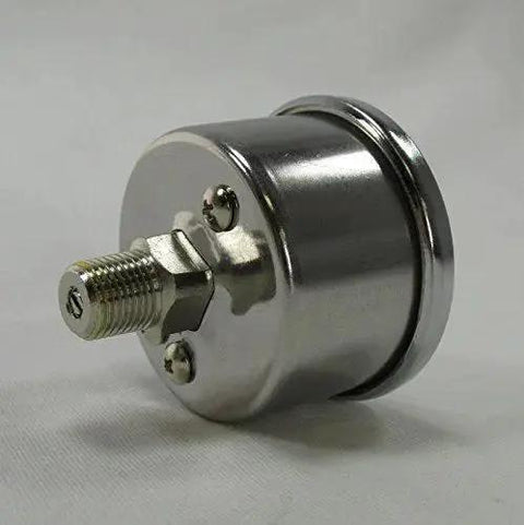 Rear view of 60 Psi Oil Pressure Gauge For Harley Davidson Bobber Chopper and Cafe Racer Builds, stainless steel case, 1/8 inch NPT fitting.