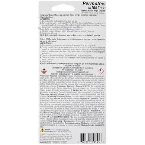 Permatex Ultra Grey RTV silicone gasket maker, 3.5 oz, back label with directions and warnings