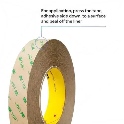Adhesive Transfer Tape 467MP roll, showing 58# kraft liner and application method text, for metals graphics and membrane switches bonding.