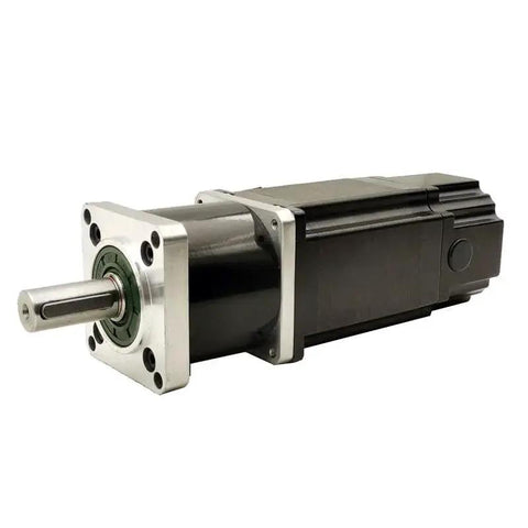 NEMA 23 stepper motor with planetary gearbox and brake, black housing, front silver mounting flange with shaft
