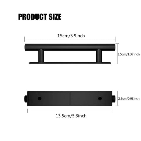 Dimensions of 10 Pack Self Stick Push Pull Helper ABS Plastic Wardrobe Handles For Cabinets And Drawers in black, side and front views