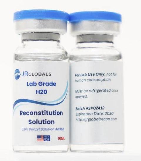 Front view of two JRGlobals Lab Grade H2O Reconstitution Solution 10mL glass vials with blue caps.