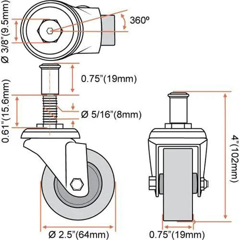 Diagram of Heavy Duty 2.5 Inch Swivel Caster Wheels Six Pack For Creeper Carts And Service Posts showing dimensions and specifications.