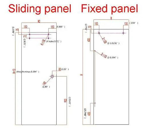 Technical drawing of a 5 Foot Frameless Black Sliding Glass Shower Door Running Track Barn Style Hardware Set for Space Saving Bathrooms.
