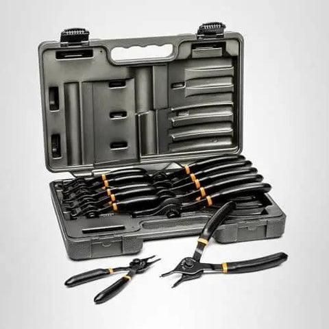 12 Piece Snap Ring Pliers Set With Straight, 45 Degree And 90 Degree Jaws For Deep Access in molded plastic case, front view