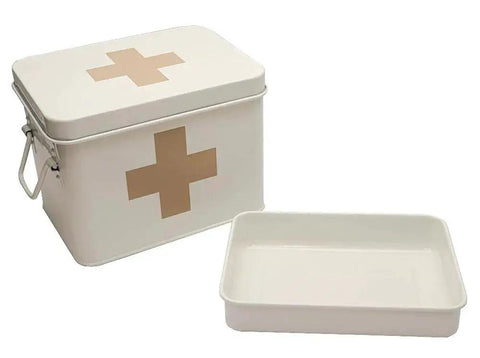 Retro Enameled First Aid Box With Lid And Removable Tray For Medicine Storage In Milky White With Tan Cross, Vintage Style Organizer