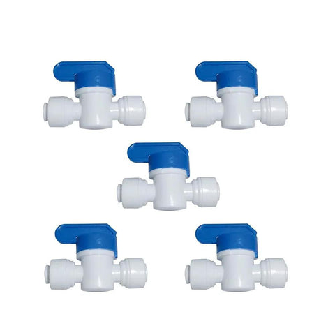 Five 1/4 inch quick-connect ball valves for water line tubing, NSF certified food grade, DIY friendly choice for RO systems.