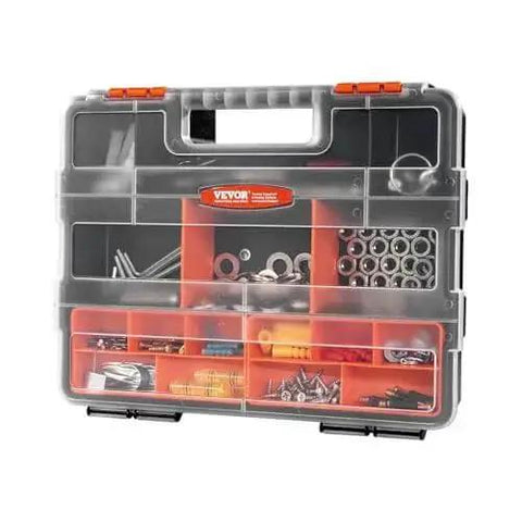 3-Pack Small Parts Organizer Case Set With 21 Compartments, Removable Dividers, clear lid, portable handle, filled with hardware
