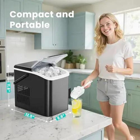 Portable Countertop Ice Maker 26 Lbs Per Day Auto Clean Basket And Scoop on kitchen counter with woman scooping ice
