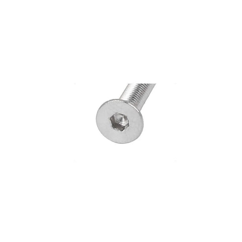 Close-up of M3x30mm Hex Socket Flat Head Countersunk Bolt, stainless steel, visible hex socket on flat head, silver tone.