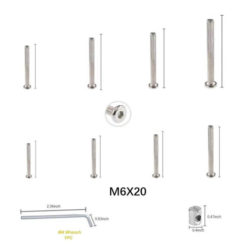 Flat Head Socket M6 Furniture Screws Set With 50 Pieces Of 20mm Screws, 50 M6 Fully Threaded Bolts And 1 Hex Spanner, diagram view