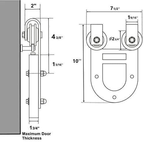 Technical drawing of Black Rustic Non Bypass Sliding Barn Door Hardware Kit For One Door With 8 Foot Flat Track And House Shoe Rollers