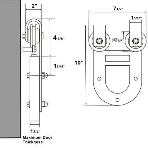 Diagram of Black Rustic Non Bypass Sliding Barn Door Hardware Kit For One Door With 6 Ft Flat Track And Horseshoe Design Rollers