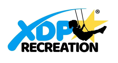 XDP Recreation logo featuring a child on a swing, representing outdoor play equipment and swing sets.