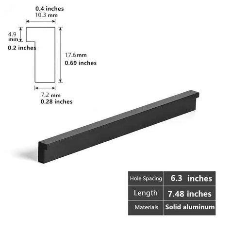 10 Pack Matte Black L Shaped Cabinet Pulls 7.48 Inch Overall Length 6.3 Inch Center To Center, solid aluminum dimensions illustration