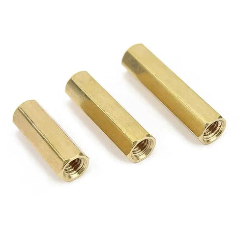 Brass Double Through Female Threaded Hex Standoffs M6x20mm PCB Spacer Set of 5, showing side view of hexagonal design.