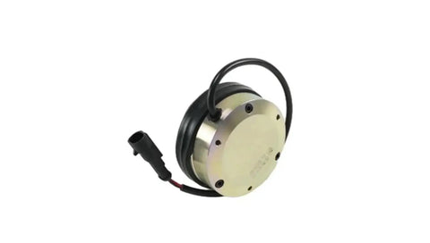 Electromagnetic brake for forklift, round metal housing with wiring harness, front view