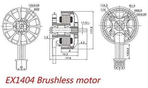 Technical diagram of EX1404 Brushless Motor For 3 Inch Drones, 1.5mm Shaft, KV2750 KV3500 KV4800 Options, 3 To 4S Ready.