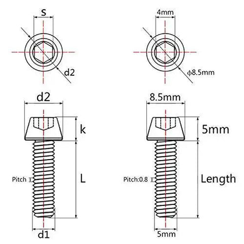 Technical diagram of Premium Rainbow Titanium M5x25mm Tapered Head Screws Pack Of 4 with dimensions and 0.8mm pitch.