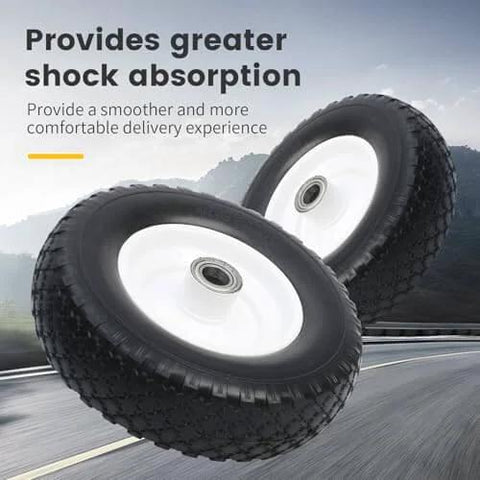 12 Inch Flat Free Solid Polyurethane Tire For Trailer Dolly And Utility Wheel, pre-mounted on steel rim, side view