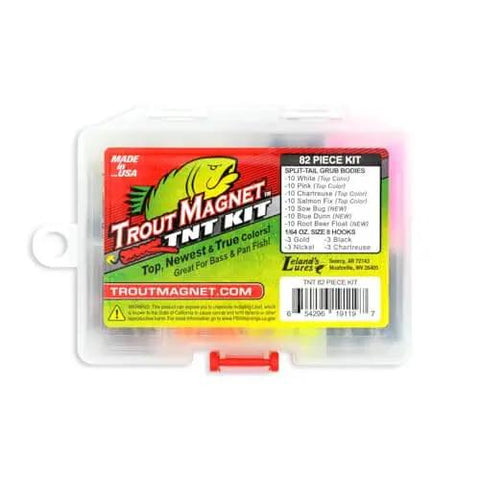 TNT Kit 82-Piece Trout Lure Set with 70 soft plastic bodies and 12 jig heads, colorful packaging with product details visible