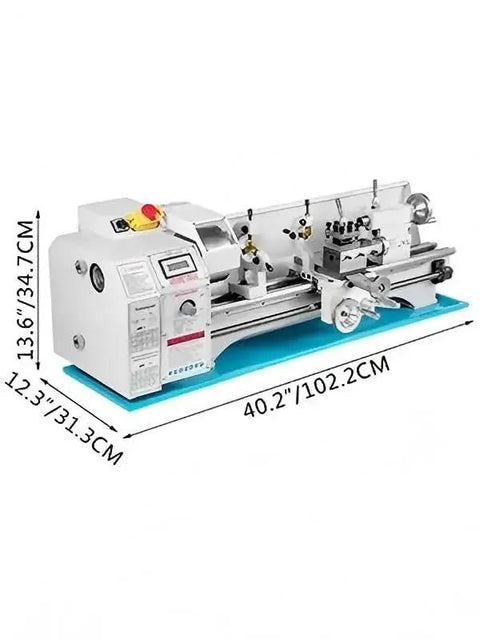 8.7x23.6 Inch Mini Metal Lathe 1100W with LED display, forward/reverse controls, and variable speed shown on a blue base.