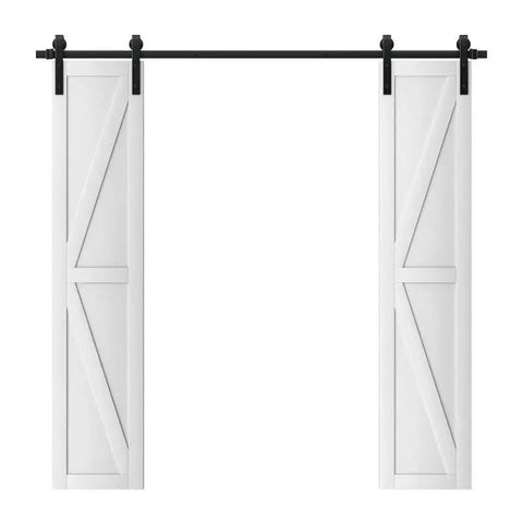 Double Barn Doors 36X84 With 6.6ft Hardware Kit Built Tough Pre Finished Surface Pre Drilled Holes For Easy Assembly Solid MDF Core Wrapped In Water Resistant PVC K Frame White Finish, front view.
