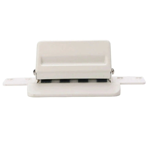 Front view of Mushroom Shaped Four Hole Paper Punch With Built In Ruler And Positioning Posts Metal Handheld Punch in compact white design.