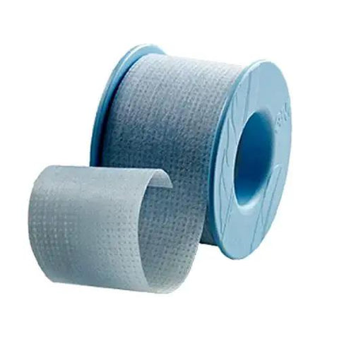 Roll of Strong Hold Pain Free Tape For Sensitive Skin 1 Roll 1 In X 4 Yds Silicone, showing blue silicone medical tape on spool.