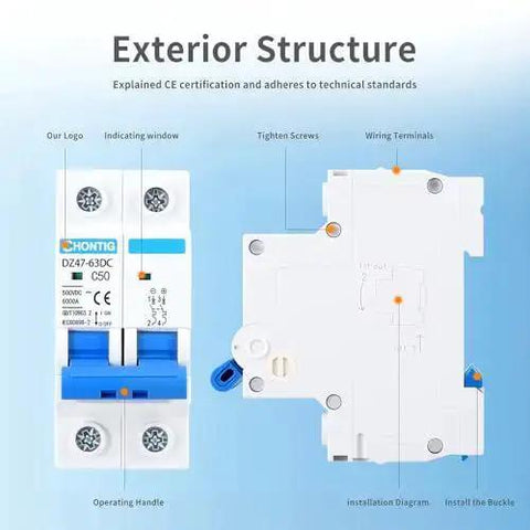 50 Amp Miniature DC Circuit Breaker 500V Two Pole Solar PV Disconnect Switch With Thermal Magnetic Trip DIN Rail Mount