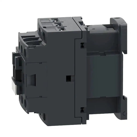 Side view of Easy TeSys IEC Contactor DPE25U7 10HP 480V 240VAC Coil for HVAC Systems, showing 3-pole and DIN rail mount features.