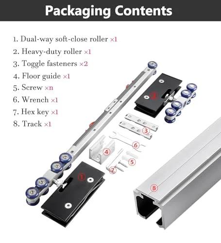 Packaging contents of 15ft Heavy Duty Sliding Barn Door Track Kit With Soft Close Hardware, Smooth Roller System For Glass Doors