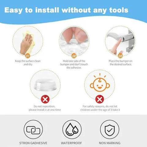 Installation steps for 2 Pack Self Adhesive Bumpers, highlighting cleaning, peeling, and placing process for cabinets and furniture protection.