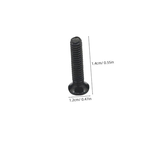 Close-up of a flat head countersunk screw from the Assorted Small Machine Screws Kit With Flat Head Countersunk Fasteners In Transparent Storage Box, Miniature Carbon Steel Set For Repair And DIY Projects, Organized By Size, Ideal For Electronics, Home Improvement, showing dimensions 1.2cm by 1.4cm.