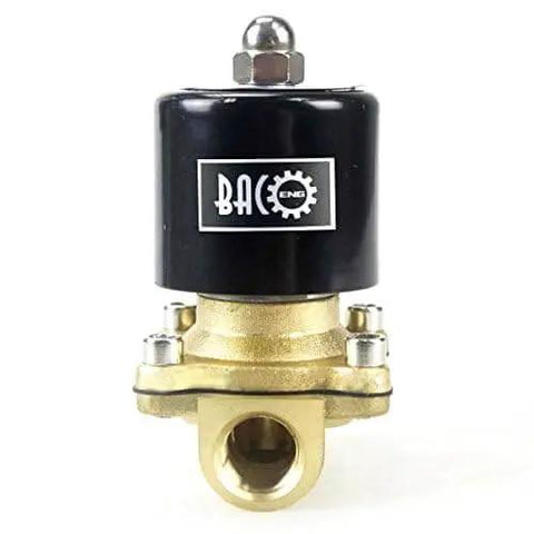 Front view of 3/8 Inch Brass Electric Solenoid Valve, 12V DC Normally Closed, NPT Thread, 3/8 Pipe Size, Durable Brass Body.