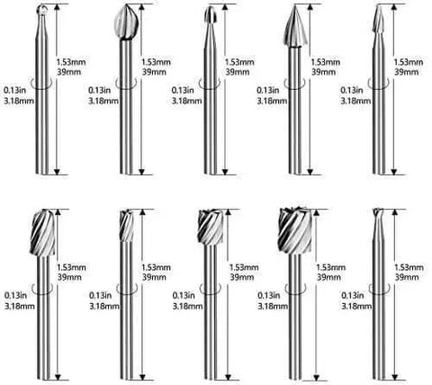 10 Piece High Speed Steel HSS Router Bits Set With 1 8th Inch Shank 3mm for rotary tools, various shapes for DIY woodworking.