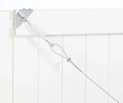Anti Sag Gate Kit For Exterior Use With WeatherGuard Protection Zinc Plated Heavy Gauge Cold Rolled Steel Includes Top And Bottom Corner Braces And Mounting Hardware Keeps Gates Aligned With Up To Seven And A Half Feet Diagonal Bracing installed on white gate