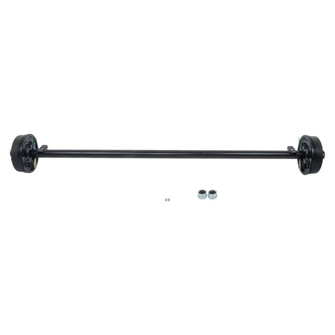 Side view of 3500-lb electric brake trailer axle, black steel, 5x4.5 bolt pattern, 85in hub face, 70in spring center