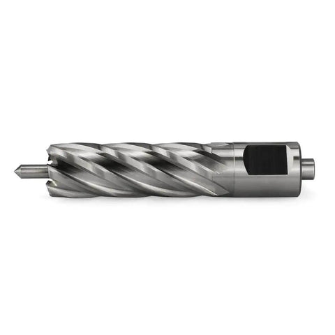 Annular Cutter Kit For Magnetic Drill Press Three Quarters Inch Weldon Shank With Three Quarters Inch Cutting Diameter And Two Inch Cutting Depth HSS Slugger Bits Set Pro Grade Heavy Duty - side view of cutter with spiral flutes