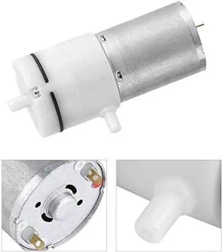 Compact 12V DC Air Pump Booster With Silent High Flow Mini Design showing aluminum and plastic construction, close-up views.