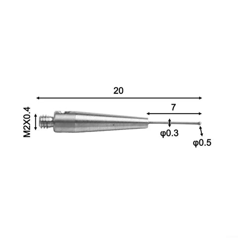 Side view of M2 Threaded CMM Probe Stylus with zero point five millimeter ball and twenty millimeter carbide stem for EDM non conductive measurements.