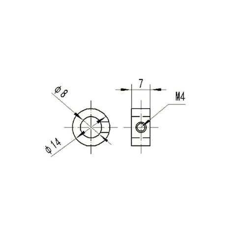 Technical drawing of 8mm Shaft Lock Collar Set with 14mm OD, 8mm ID, M4 threaded hole, showing measurements for T8 Lead Screws.