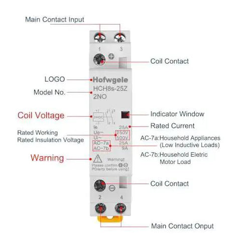 Diagram of 2 Pole AC Contactor With 24V DC Coil 25A Load No-Fuss DIN Rail Mount Quiet Operation 35mm Base showing key features.