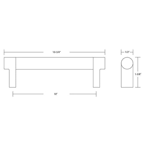 Technical drawing of Emtek Select Knurled Cabinet Pull In Satin Brass Stem Finish, US4 center-to-center 10-inch, 1 3/8-inch projection.