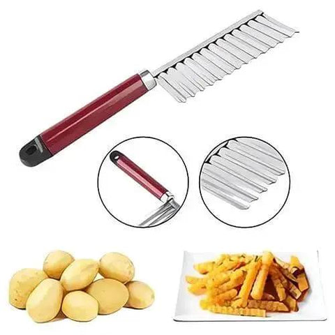 Crinkle Cut Potato Cutter Knife Stainless Steel Wave Slicer for Potatoes Carrots and Cucumbers, shown with wavy blade and red handle